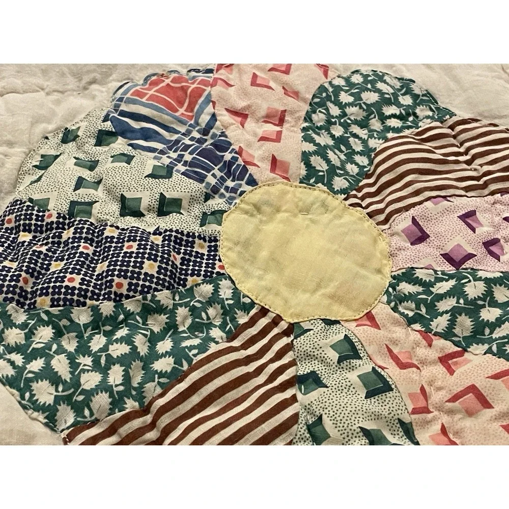 Vtg 1930s Dresden Plate Quilt NRA Blue Eagle Domino Sugar Sack Backing Folk Art